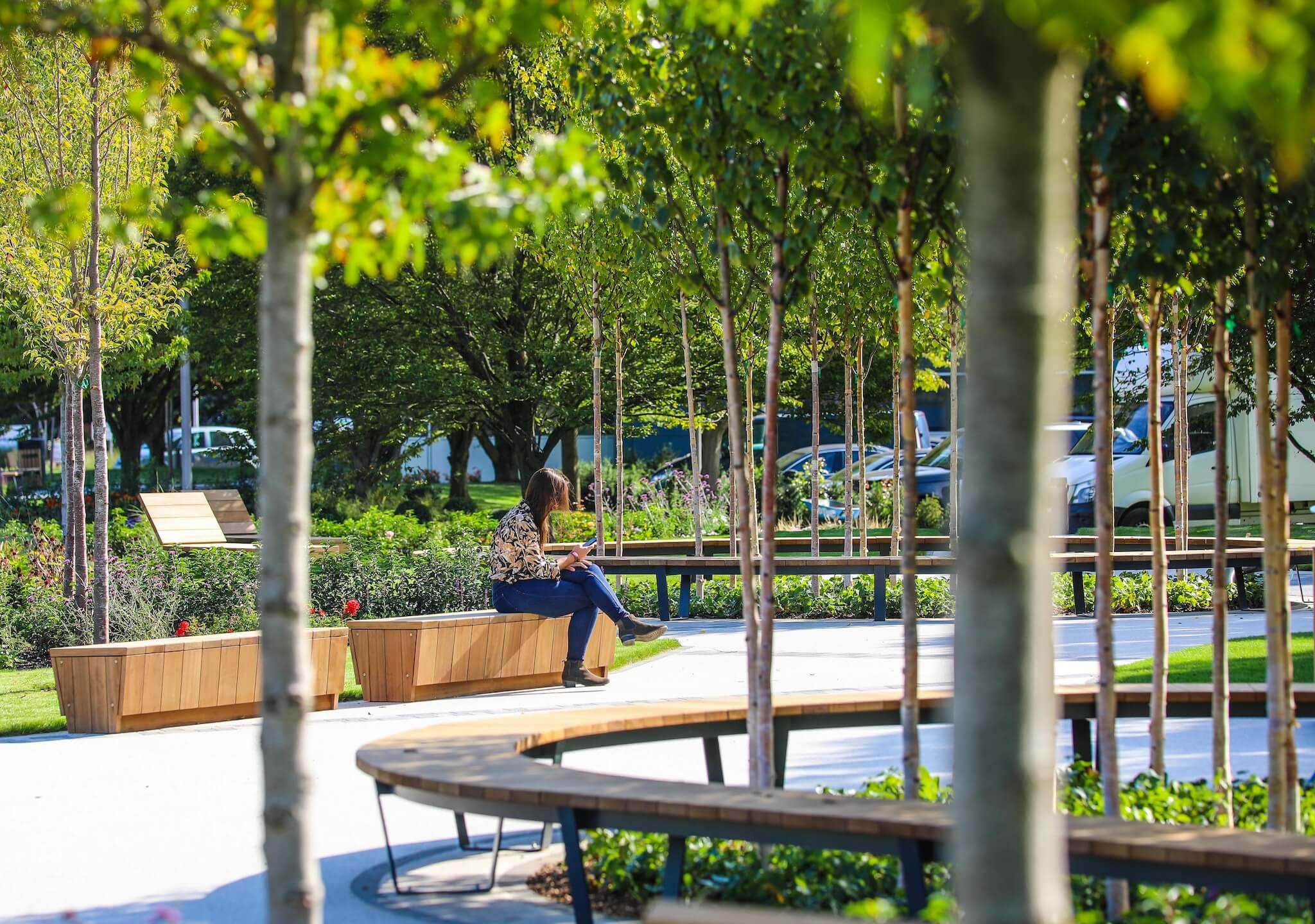 2021 Nov Article Outdoor seating in the Pocket Park at 210, Winnersh Business Park.